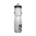 CamelbakPodium Ice water bottle with clear body and black cap featuring geometric pattern