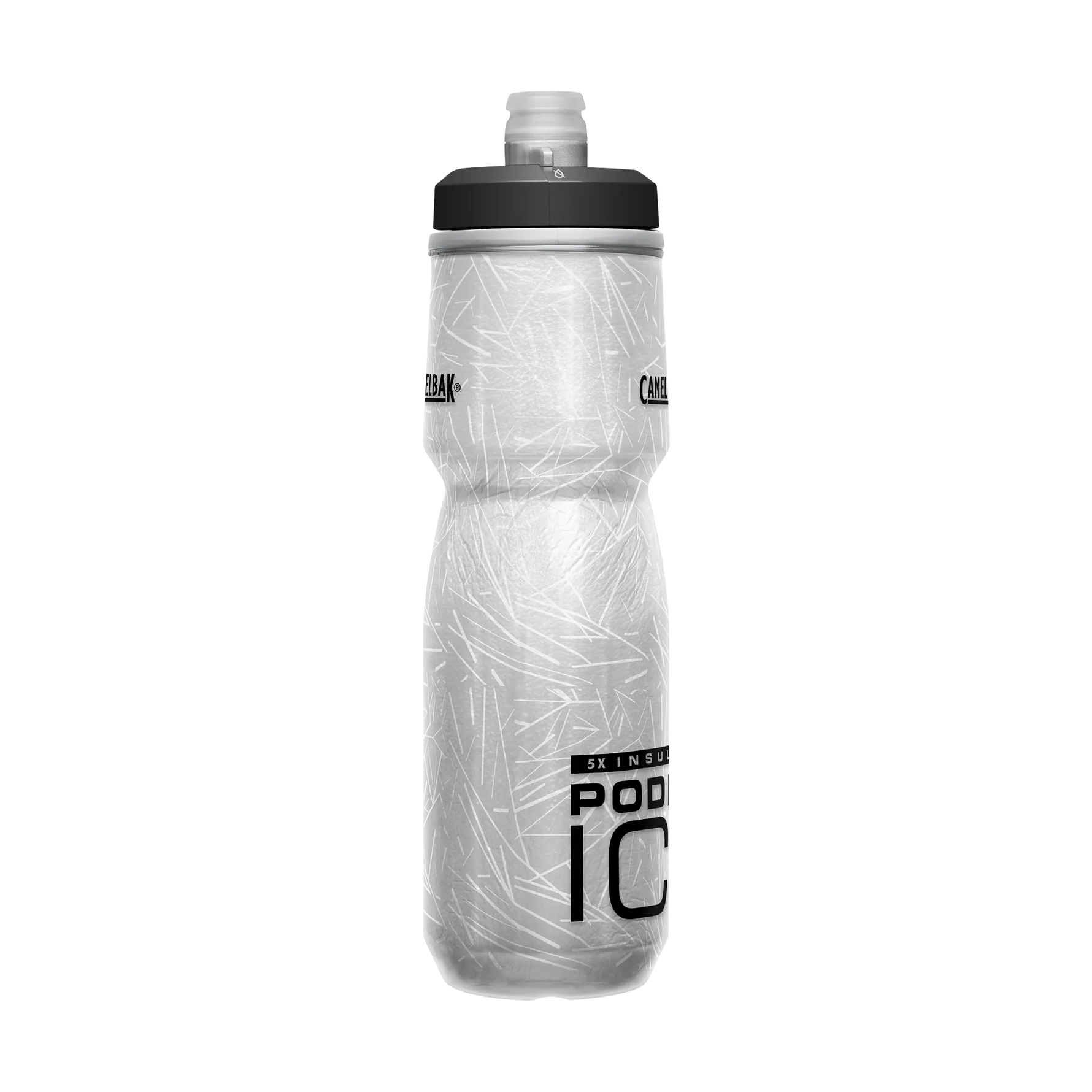 CamelbakPodium Ice water bottle with clear body and black cap featuring geometric pattern