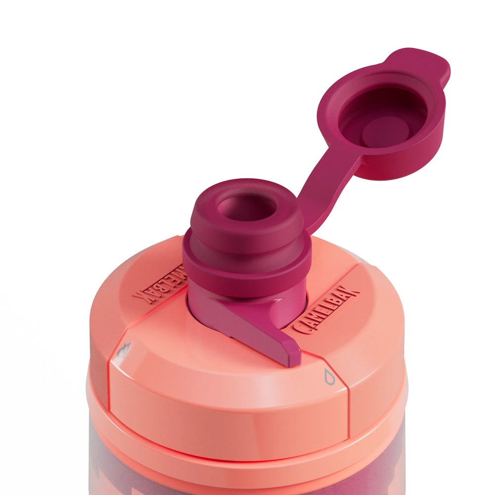 CamelBak water bottle with coral colored cap and body, open spout shown