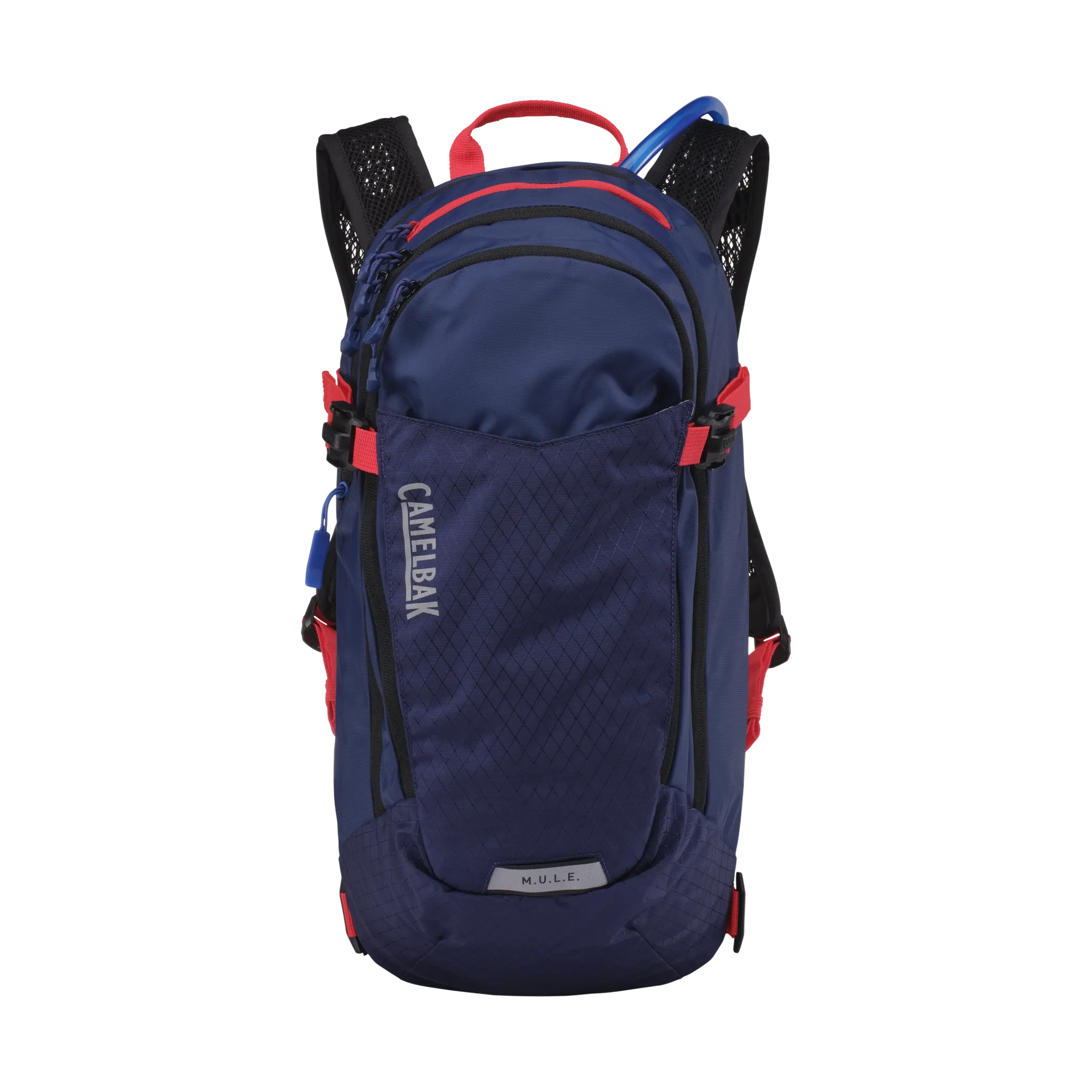 CamelBak M.U.L.E. hydration backpack in navy blue with red trim and black mesh