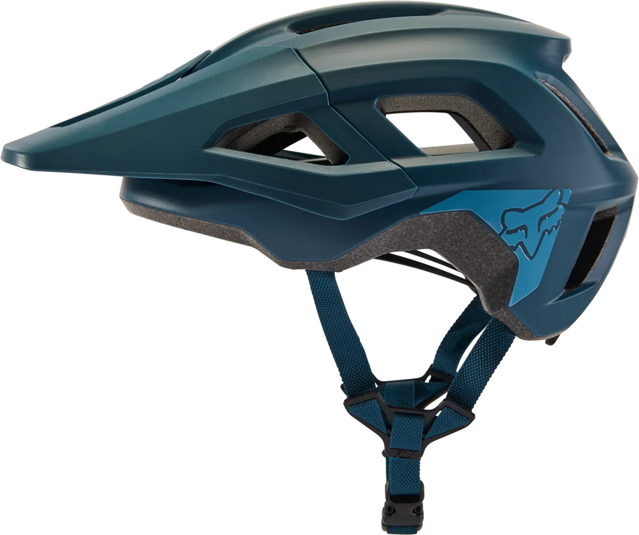 Fox Racing Youth Mainframe mountain bike helmet in slate blue with teal accents