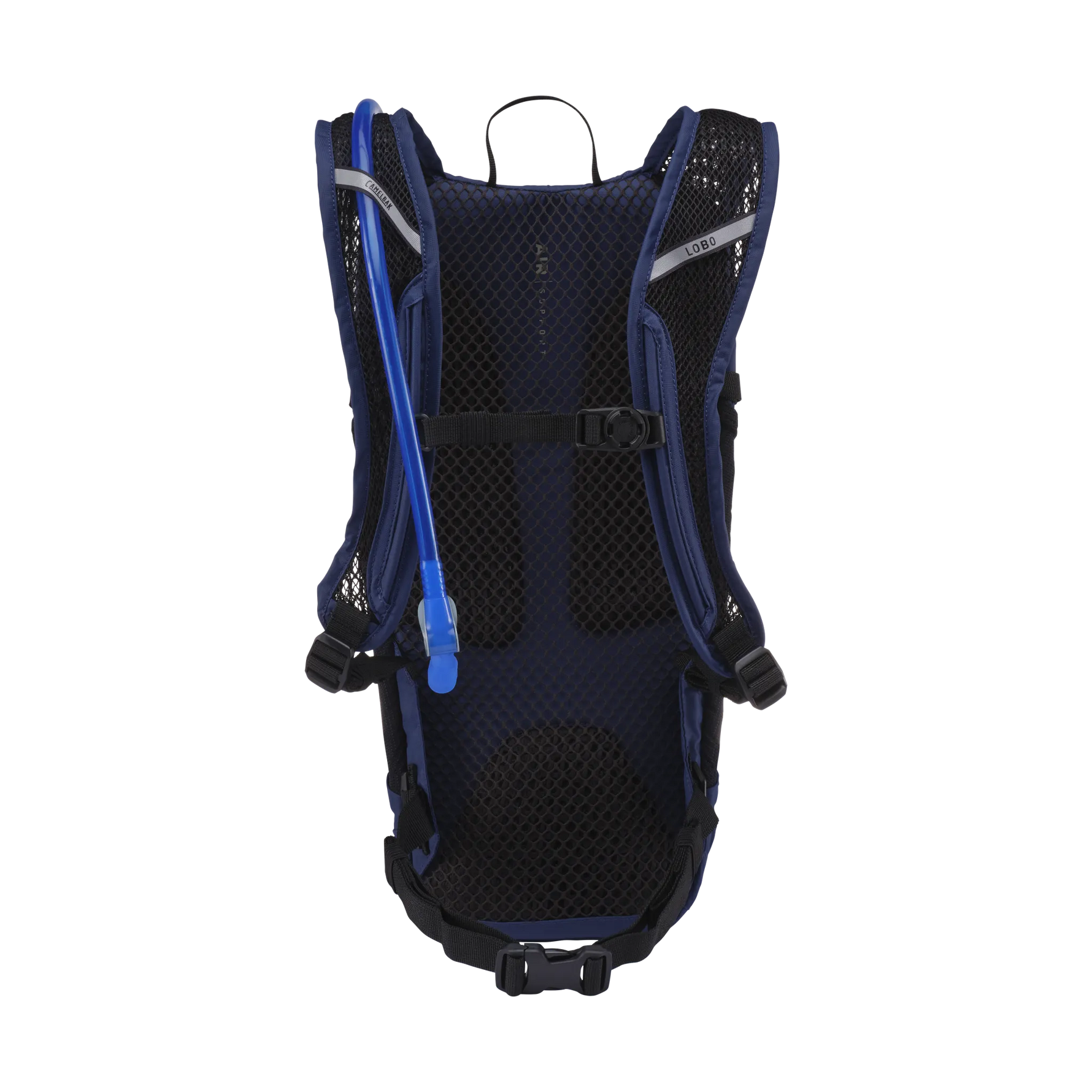 CamelBak Lobo 9 hydration backpack in navy blue and black with hydration tube