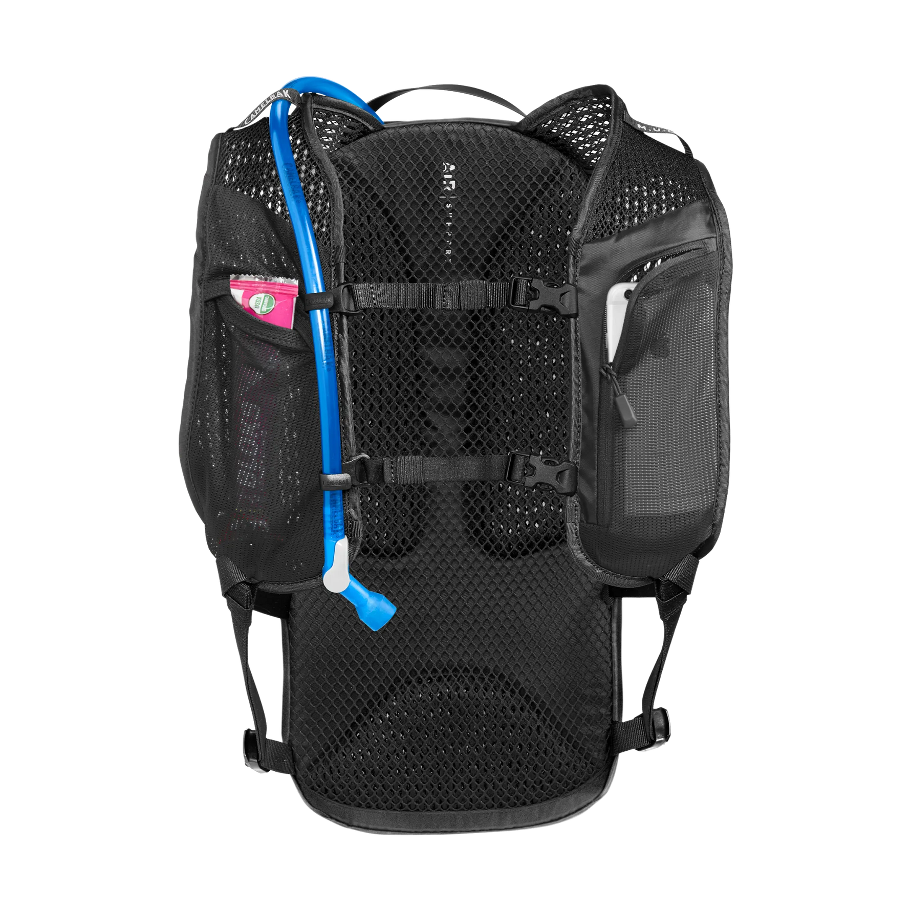 Black CamelBak Mule hydration pack with mesh panels and blue hydration tube