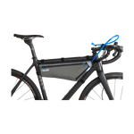 CamelBak M.U.L.E. Frame Pack mounted on black bicycle with blue reservoir tube
