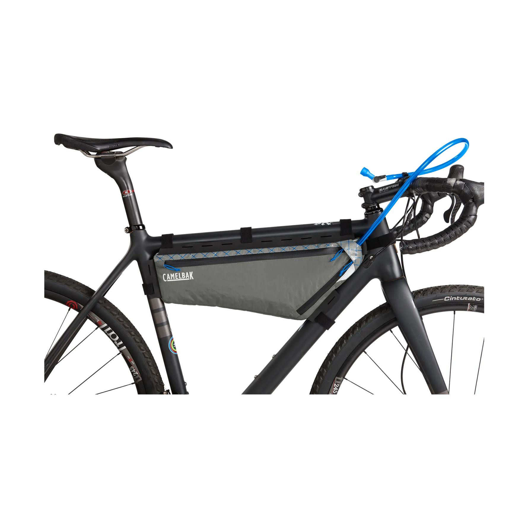 CamelBak M.U.L.E. Frame Pack mounted on black bicycle with blue reservoir tube