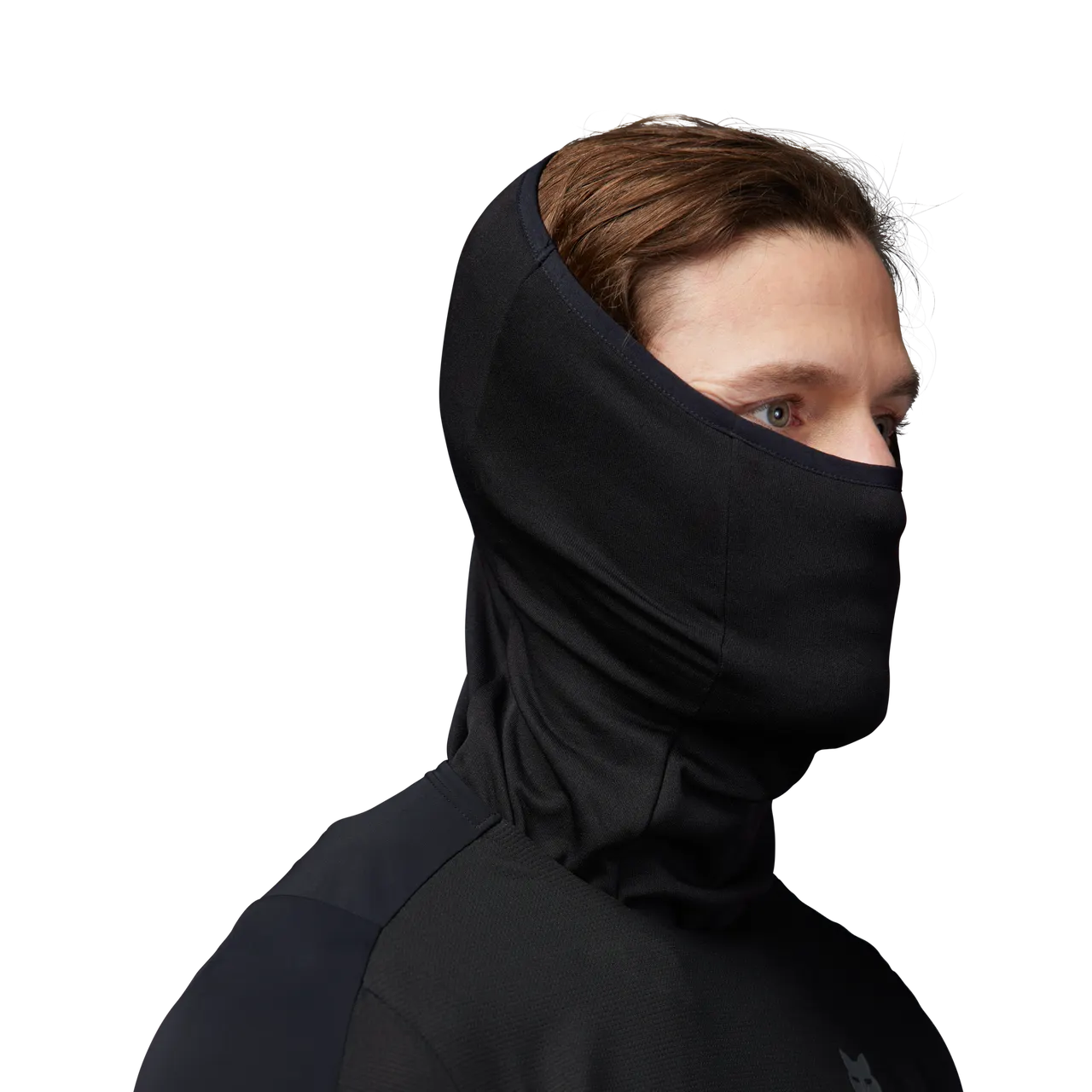 Person wearing black Fox Racing Polartec neck gaiter covering face and neck