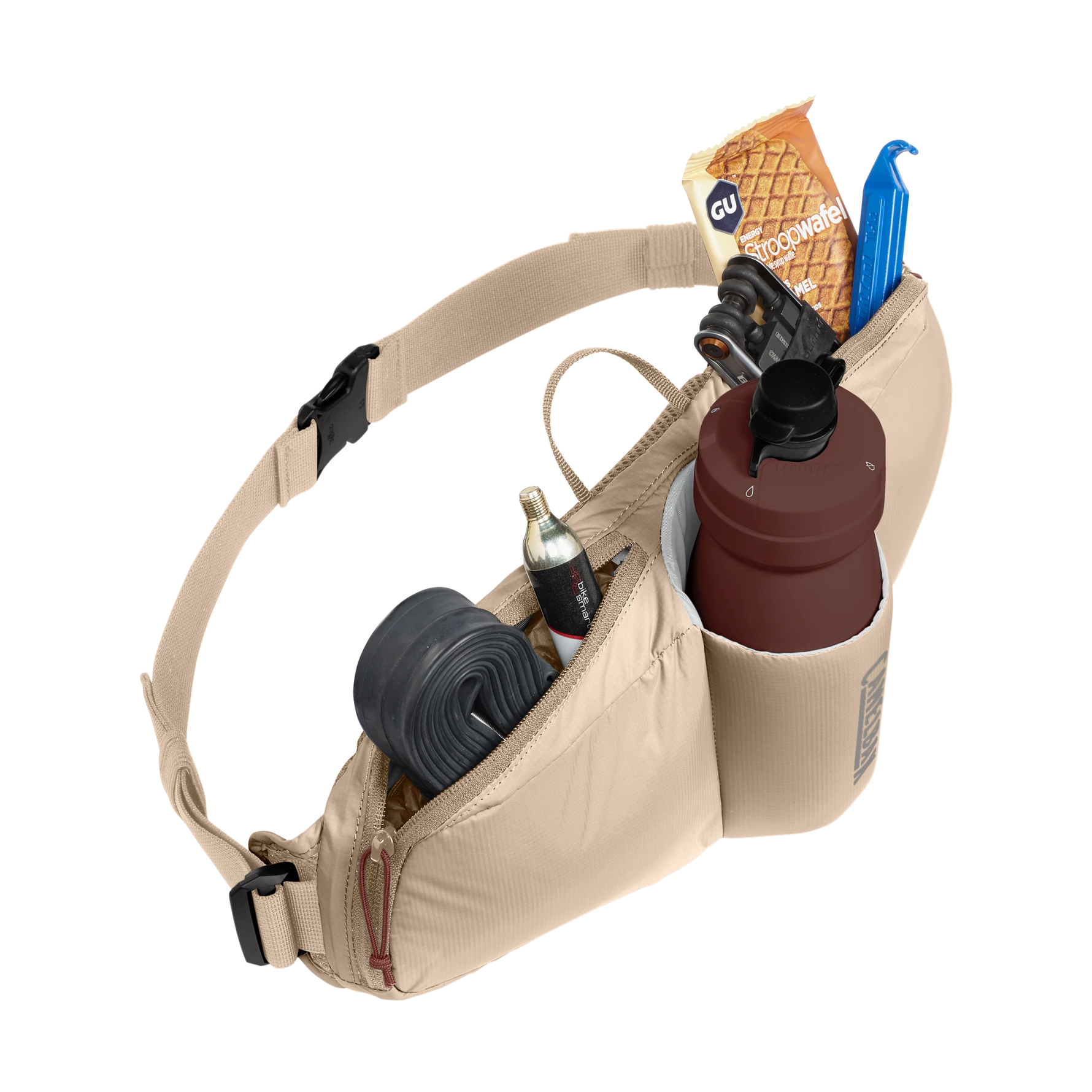 Tan waist pack with water bottle and cycling accessories on white background