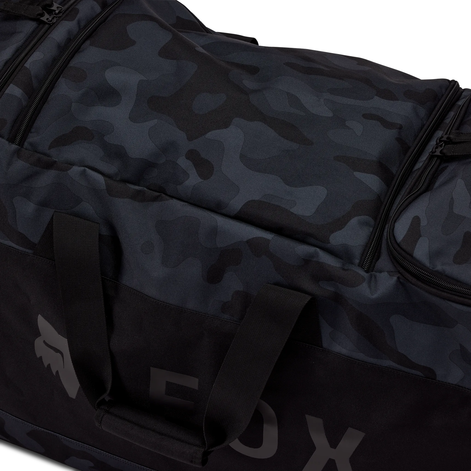 Fox Racing Shuttle 180 Roller gear bag in black camouflage pattern with zipper compartments