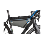 CamelBak gray frame pack mounted on black bicycle frame triangle