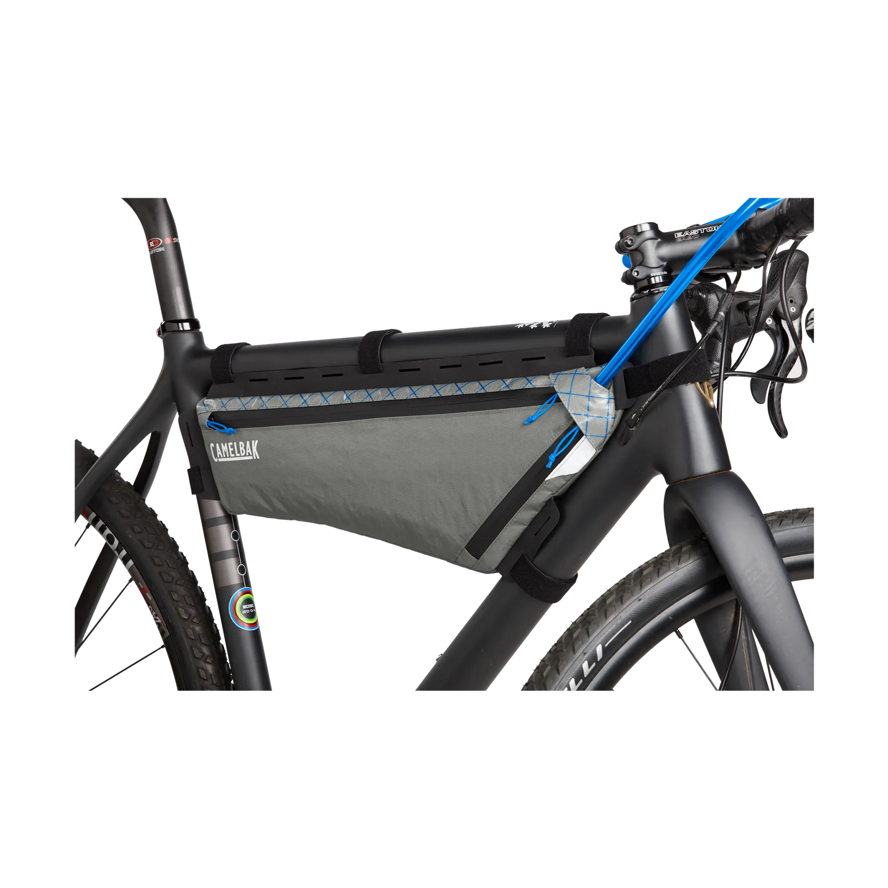 CamelBak gray frame pack mounted on black bicycle frame triangle