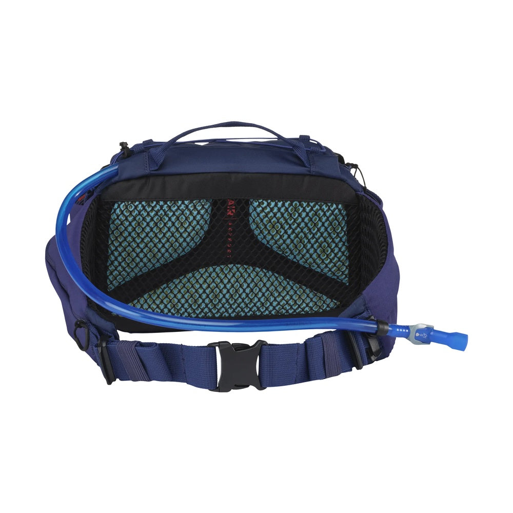 CamelBak M.U.L.E. waist pack with mesh compartment and blue hydration tube