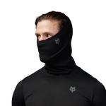 Fox Racing black Polartec neck gaiter worn by model showing coverage and fit