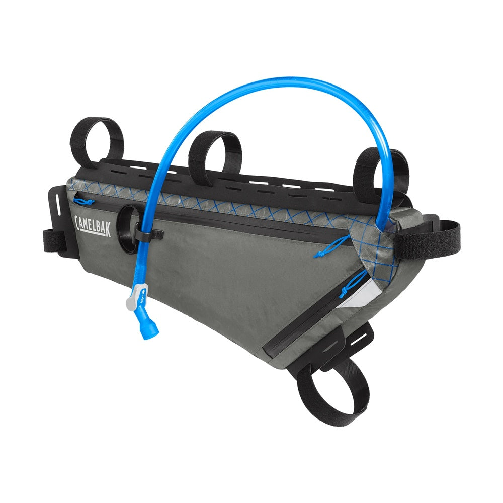 CamelBak bike frame pack with hydration reservoir and blue drinking tube