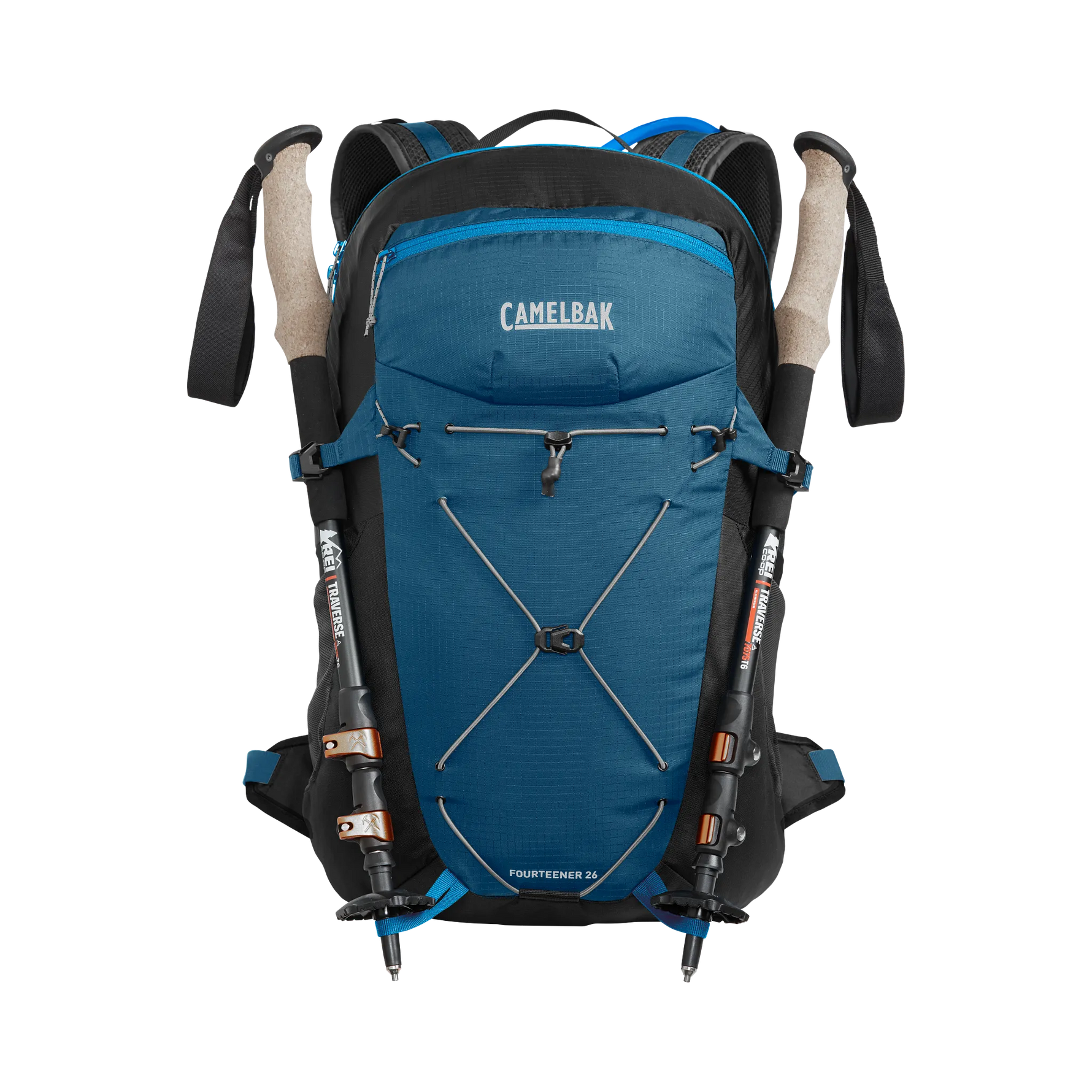 Camelbak Fourteener 26 blue hiking backpack with trekking poles and hydration reservoir