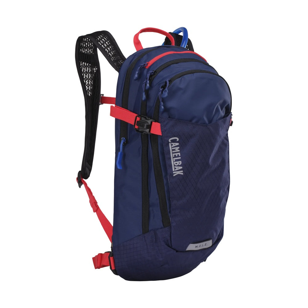 CamelBak Mule 12 hydration backpack in navy blue with red accents and black straps