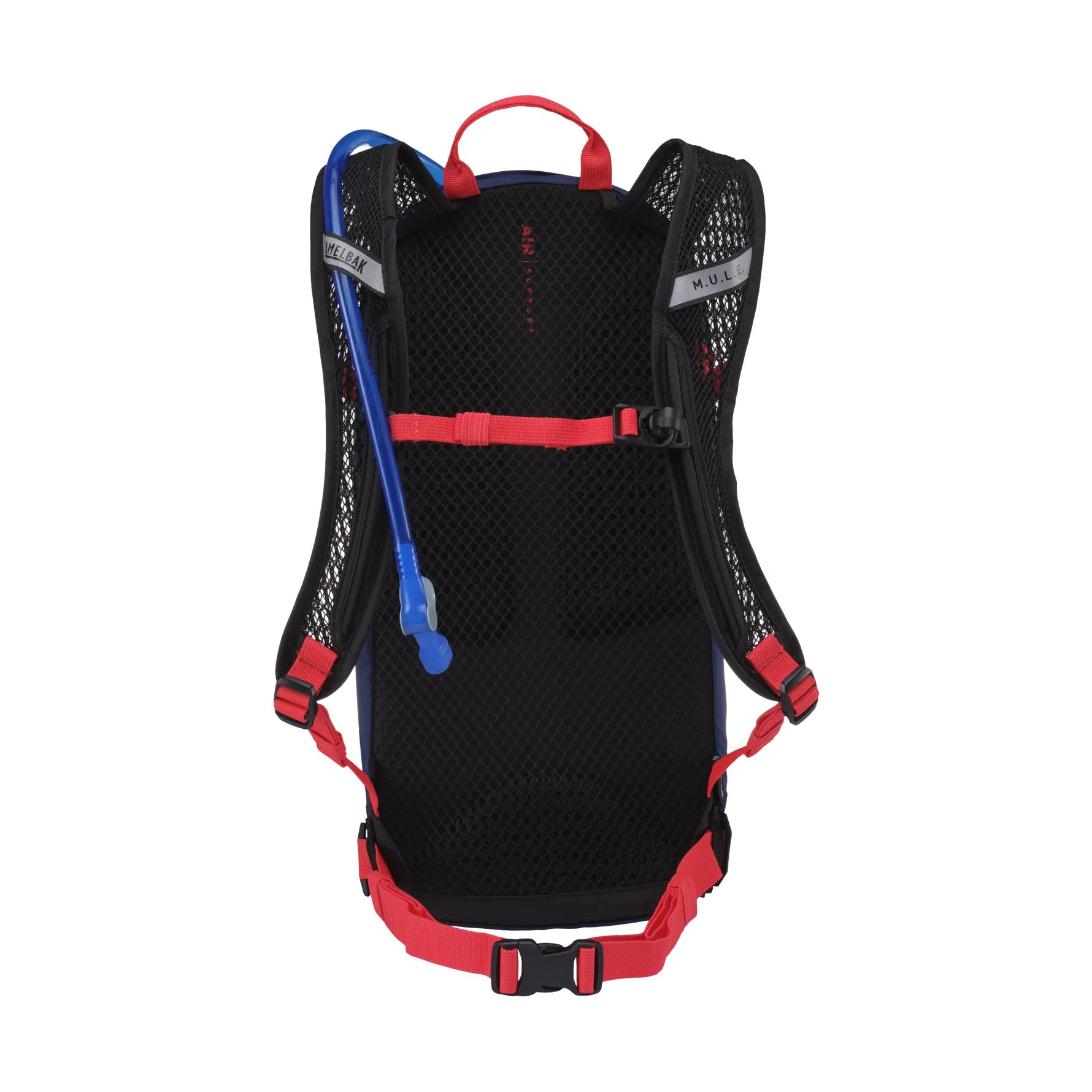 CamelBak Mule hydration backpack with black mesh back panel and red straps