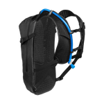Black CamelBak Mule hydration backpack with blue hydration tube shown from back angle