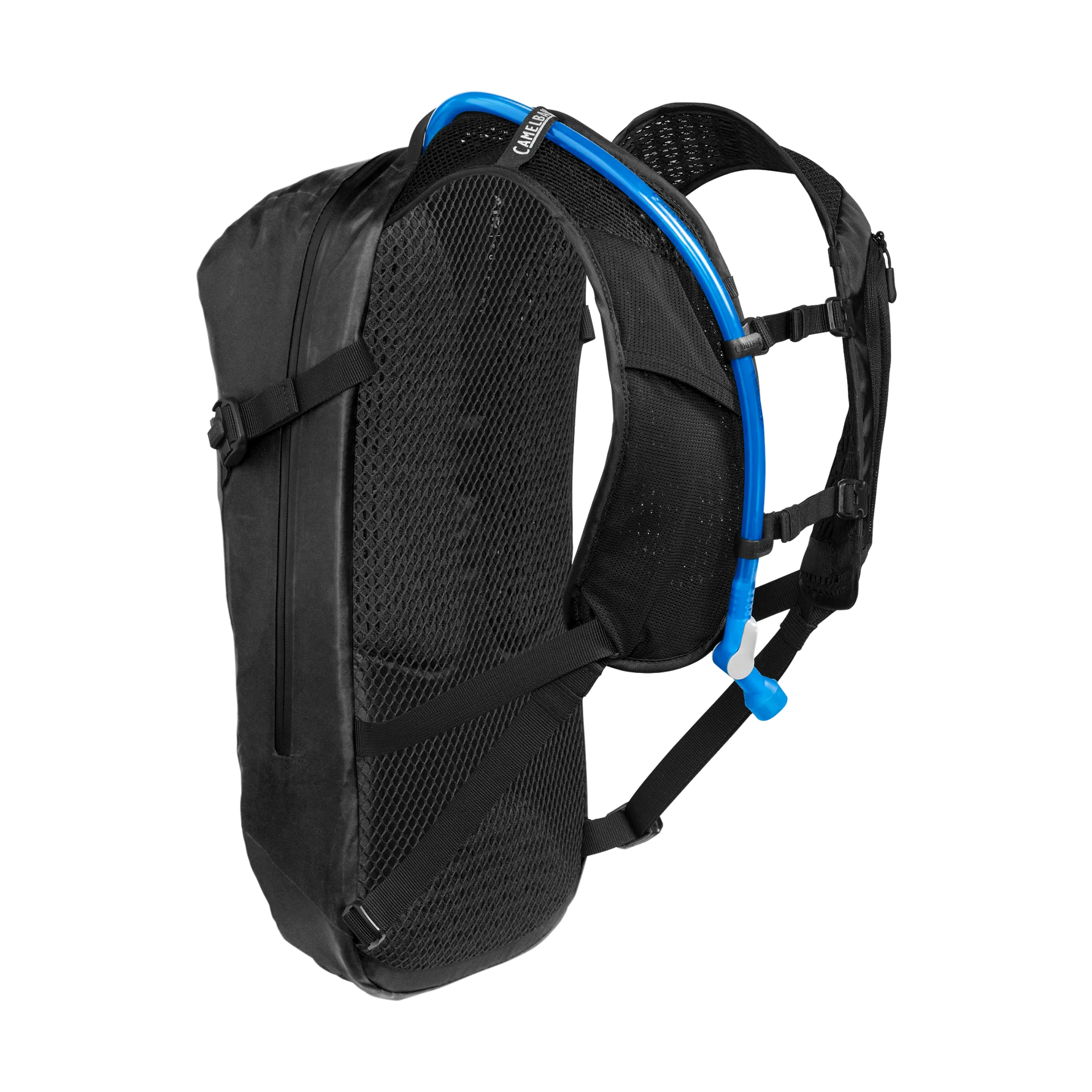 Black CamelBak Mule hydration backpack with blue hydration tube shown from back angle