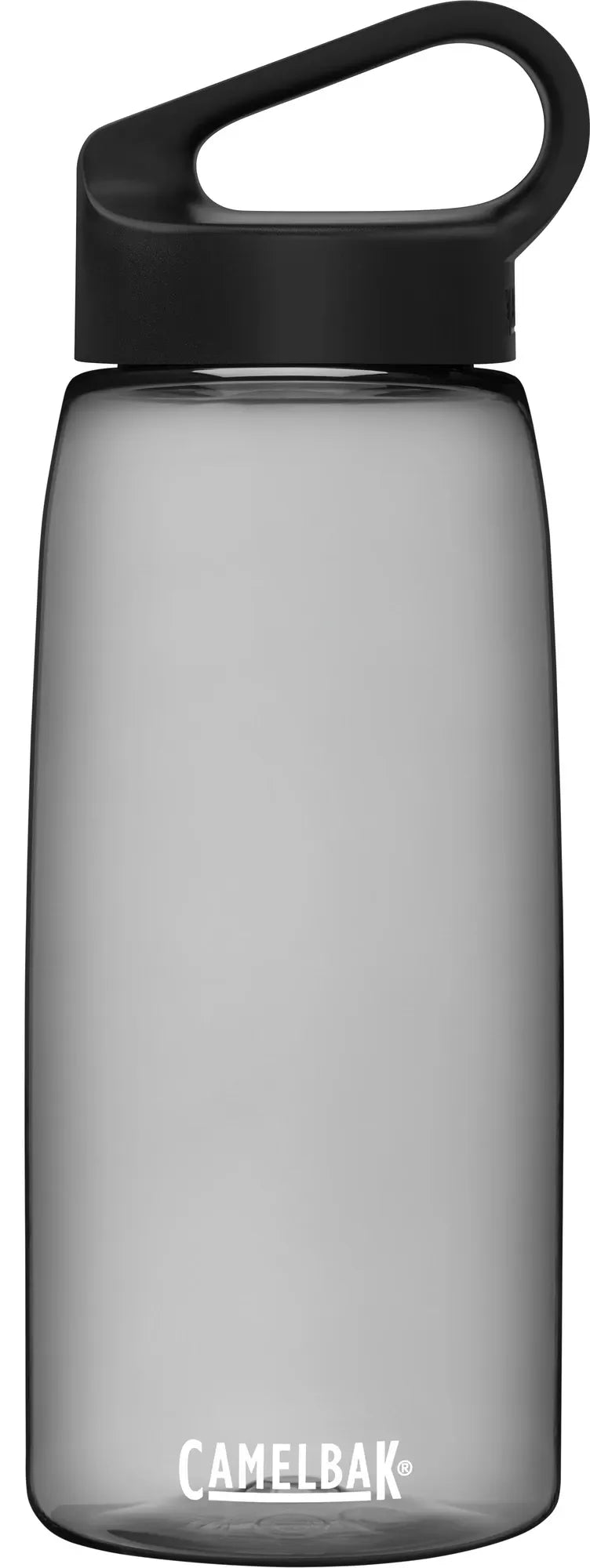 CamelBak water bottle with carry cap in charcoal gray color on white background