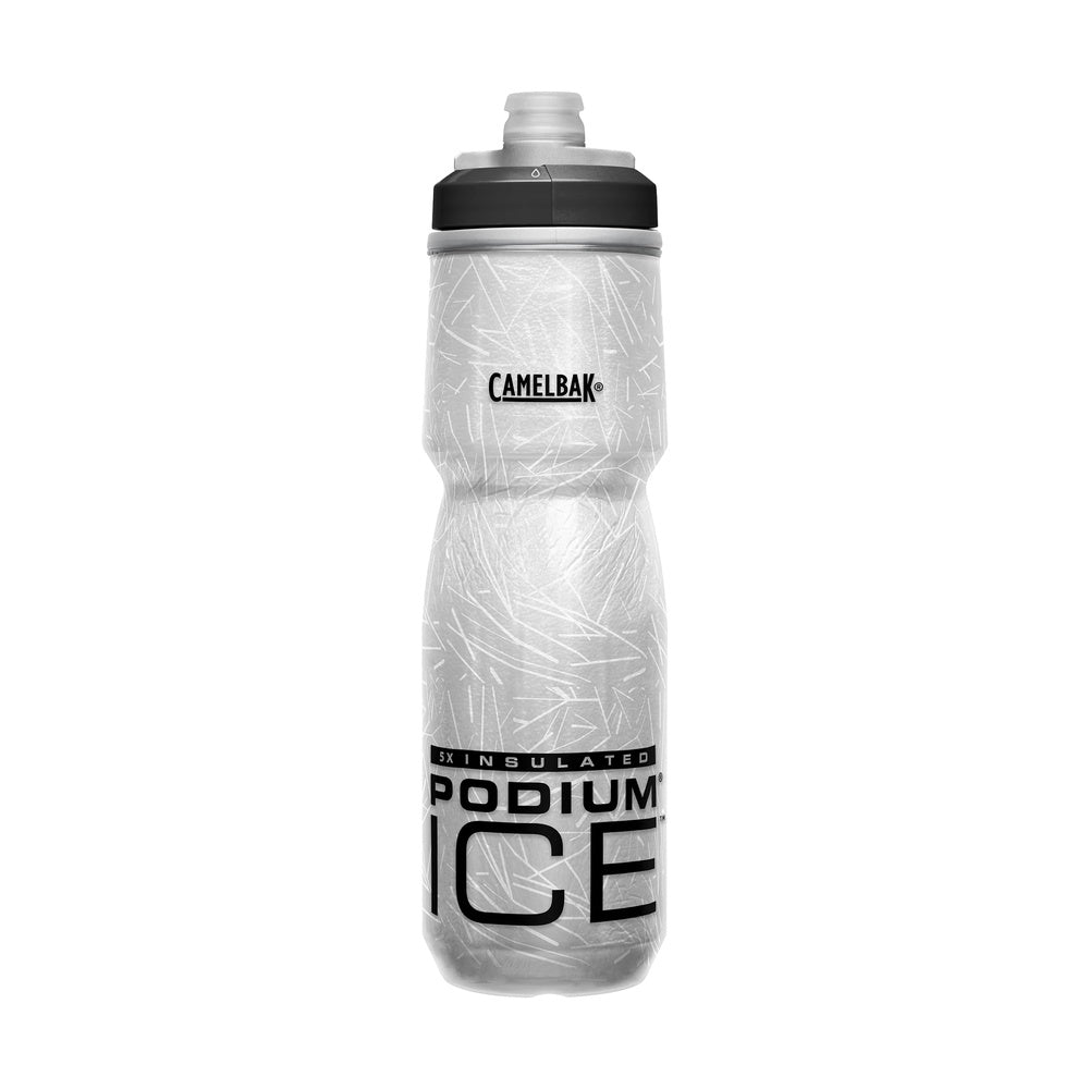 CamelBak Podium Ice insulated water bottle with geometric pattern and black cap