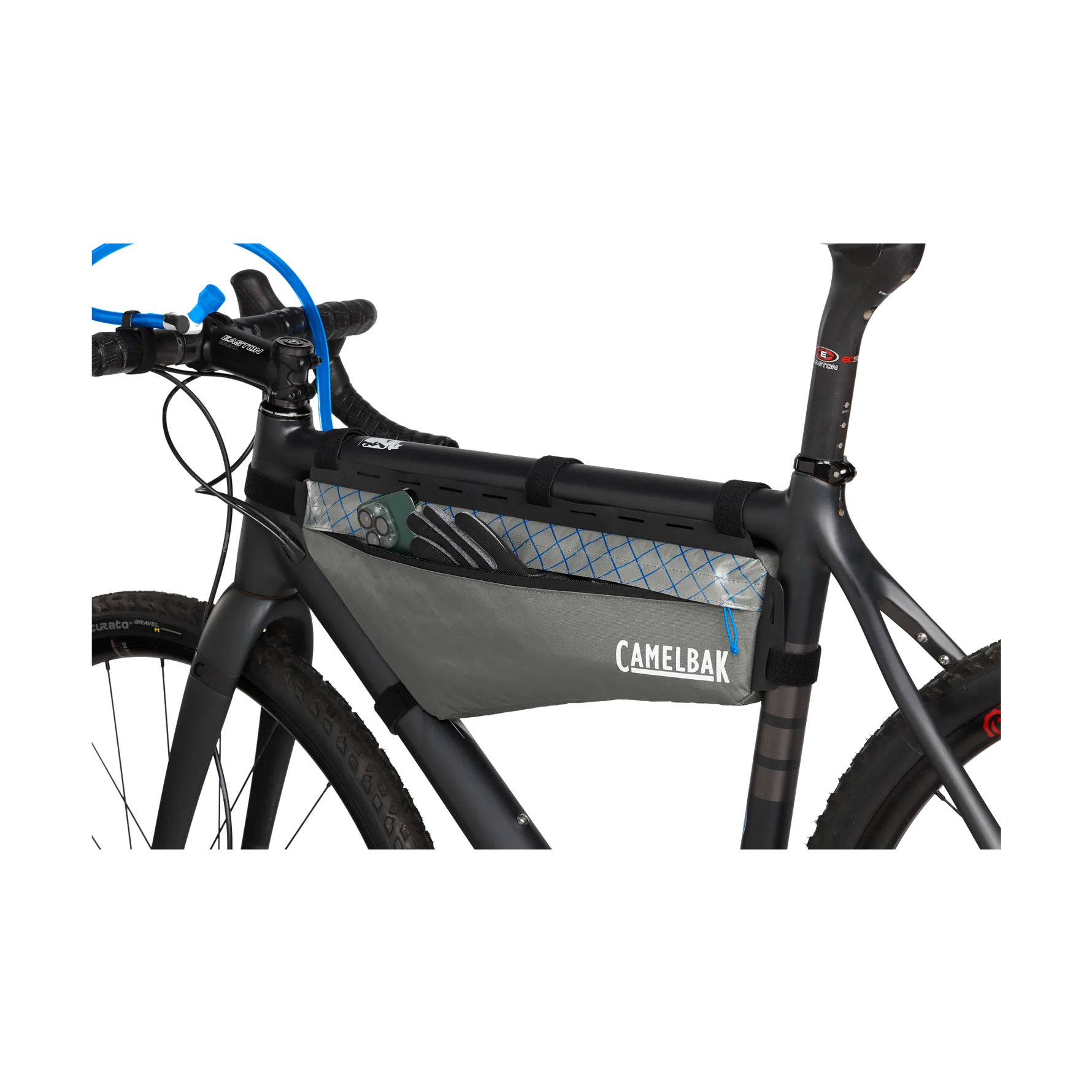 CamelBak frame pack mounted on black mountain bike showing storage compartment and mesh pocket