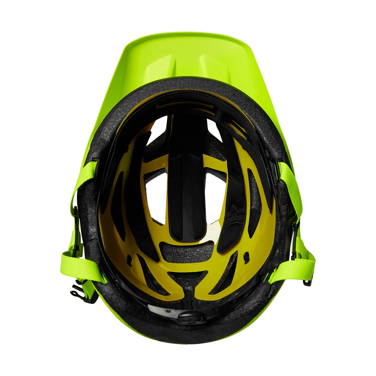 Fox Racing Youth Mainframe Helmet in fluorescent yellow viewed from inside showing padding