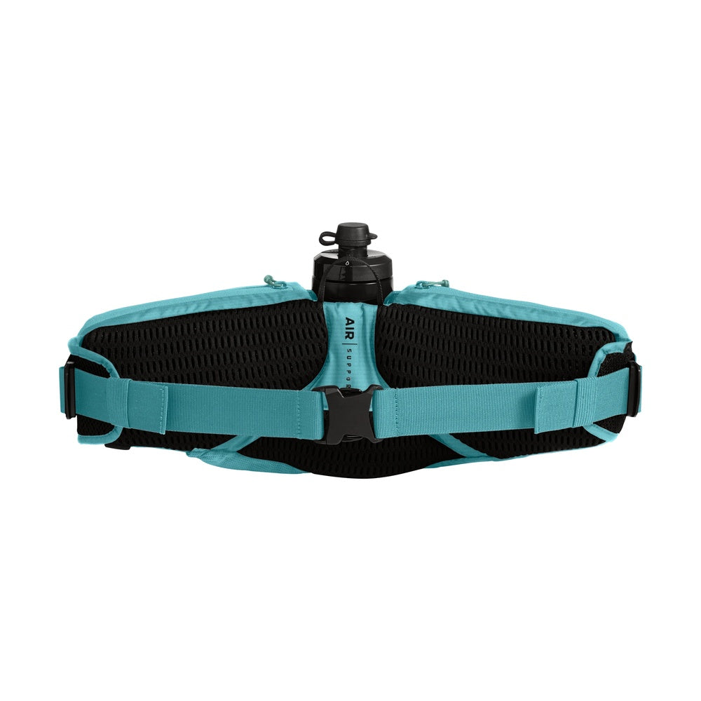 CamelBak hydration belt with water bottle in turquoise and black colors