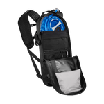 Black CamelBak Mule hydration backpack with blue water reservoir and open compartments