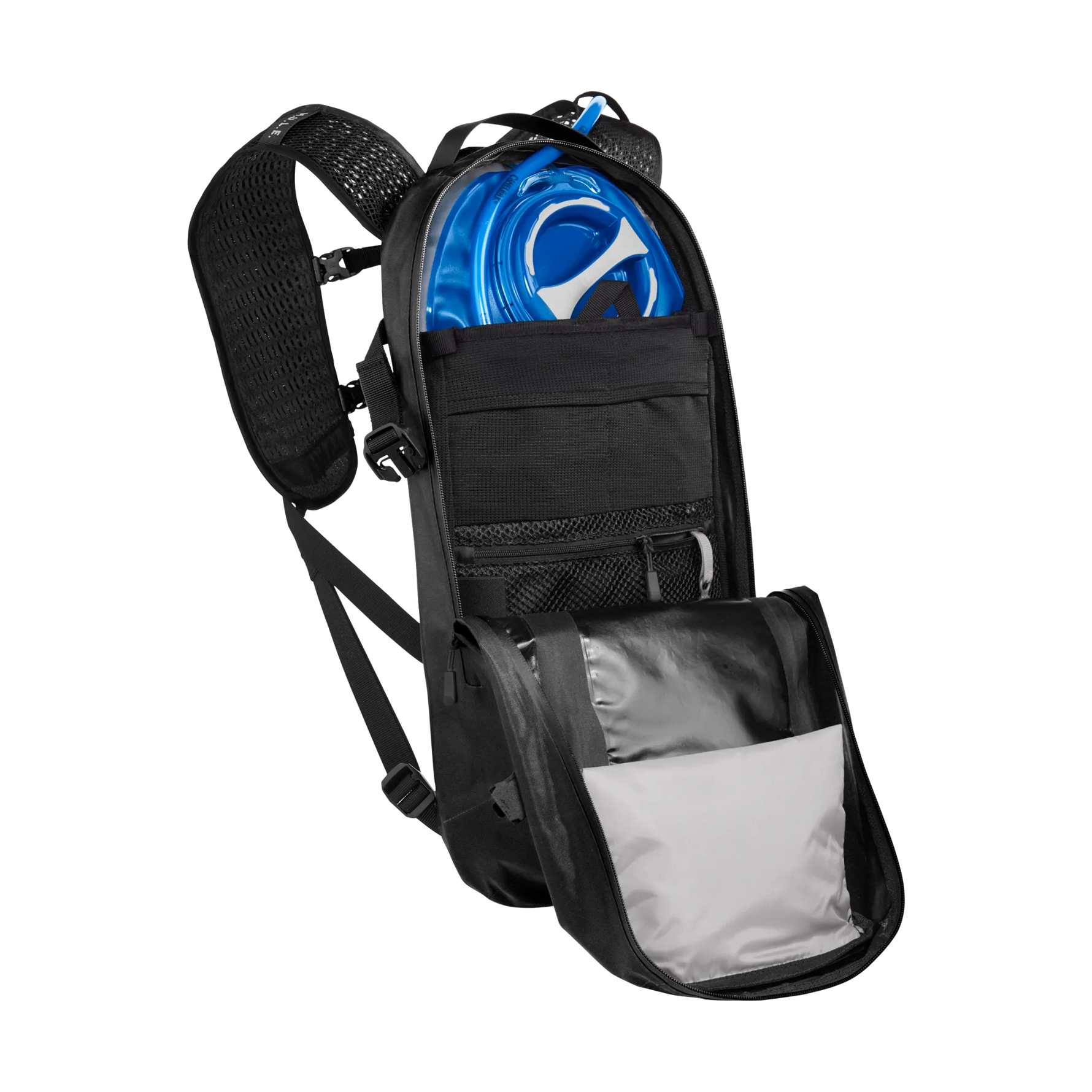 Black CamelBak Mule hydration backpack with blue water reservoir and open compartments
