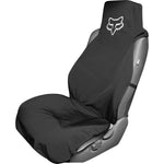 Fox Racing black waterproof car seat cover with white fox logo on headrest