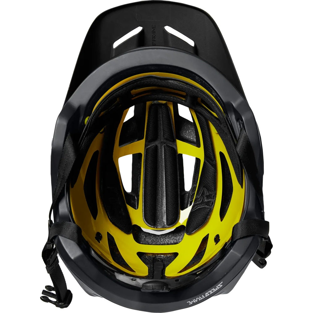 Fox Speedframe MIPS helmet interior view showing black shell and yellow MIPS liner