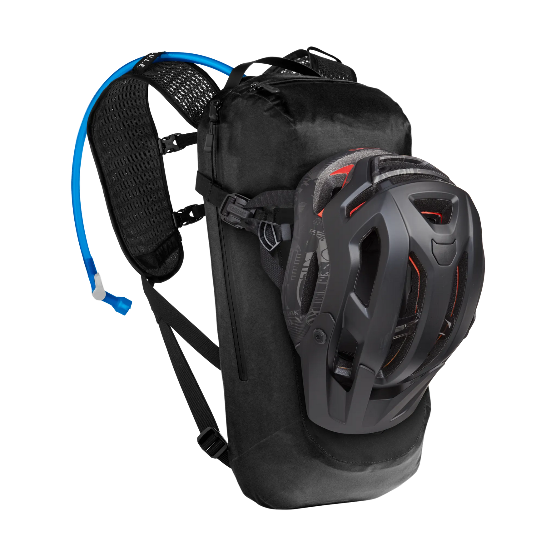 Black CamelBak Mule hydration backpack with helmet attached showing water tube