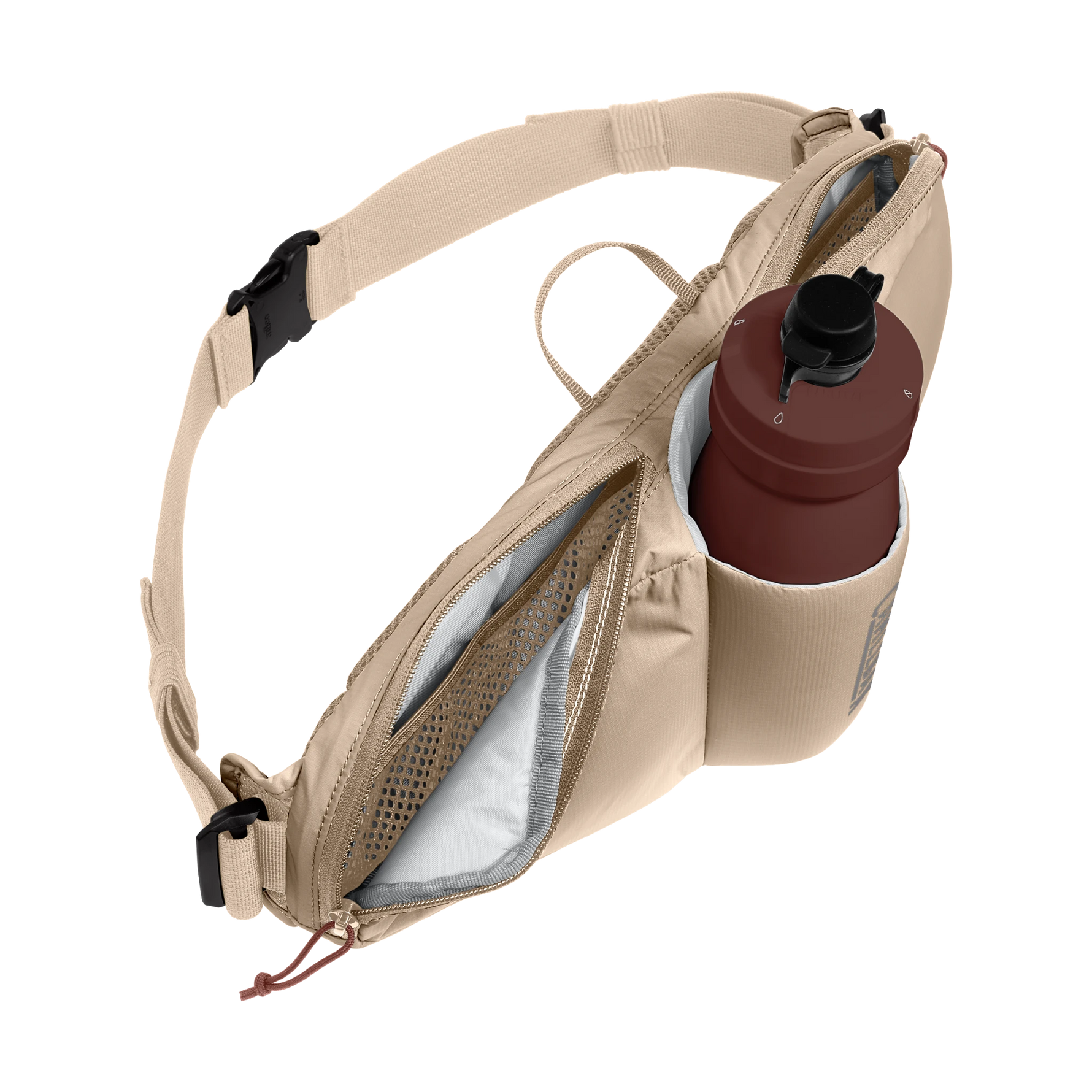 CamelBak Flow 2 waist pack in tan with water bottle and multiple compartments