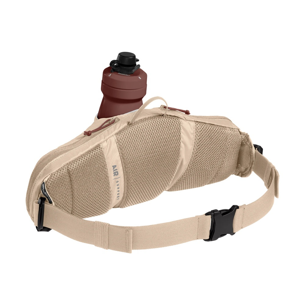 CamelBak waist pack with water bottle in beige color against white background
