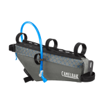CamelBak gray frame pack with blue hydration tube and black mounting straps