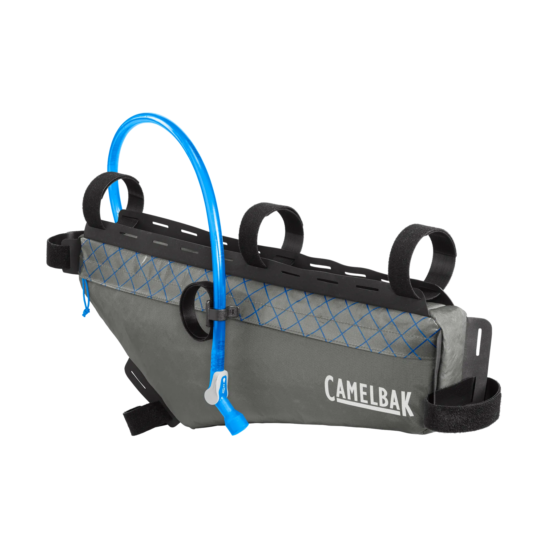CamelBak gray frame pack with blue hydration tube and black mounting straps