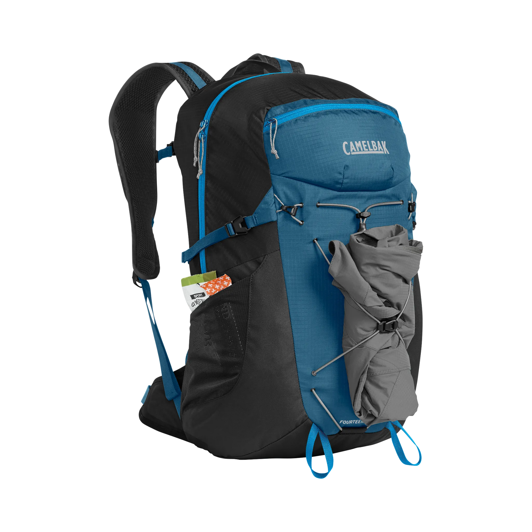 CamelBak Fourteener hiking backpack in blue and black with gray jacket attached