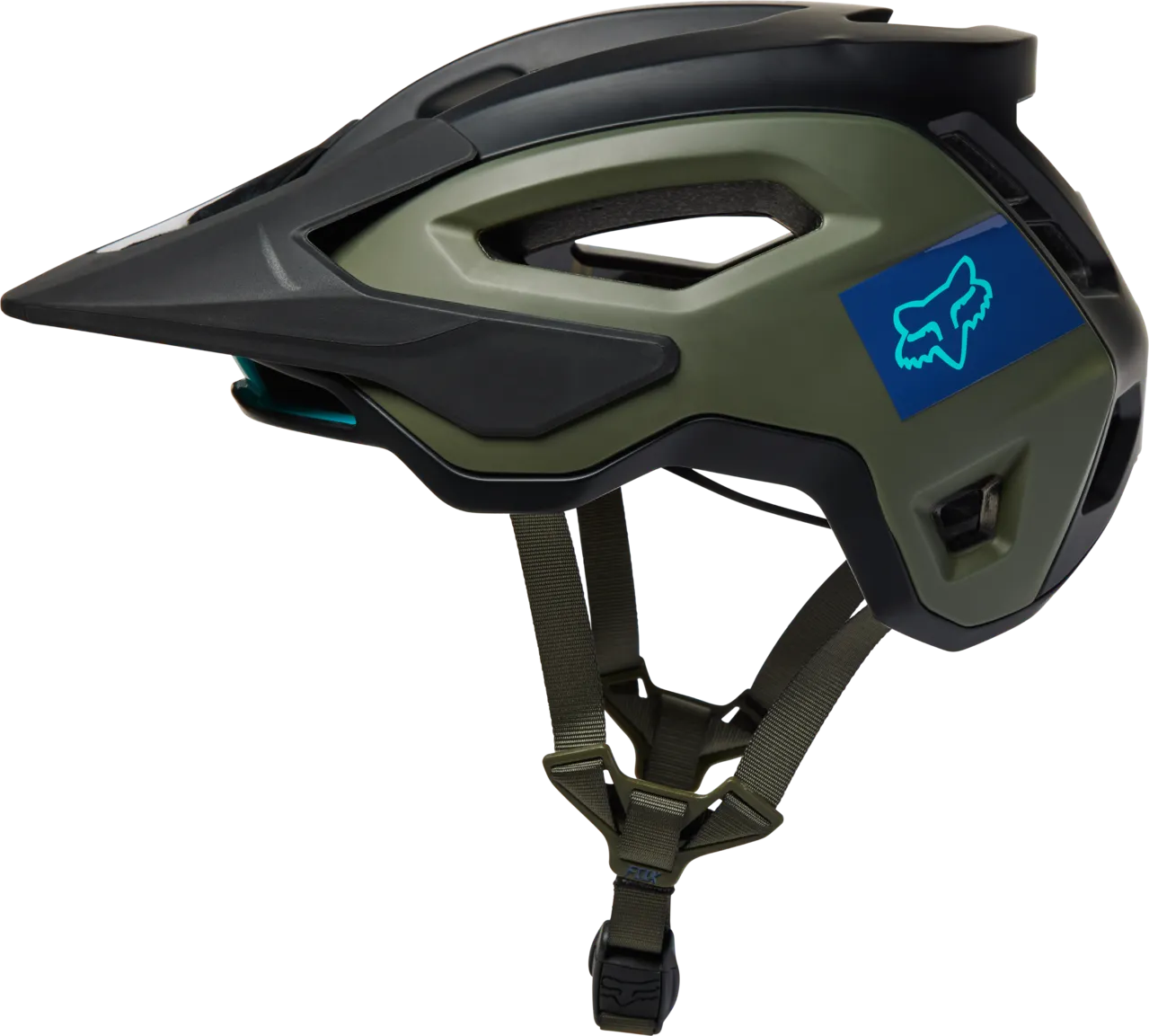 Fox Racing Speedframe Pro mountain bike helmet in eucalyptus green with blue logo