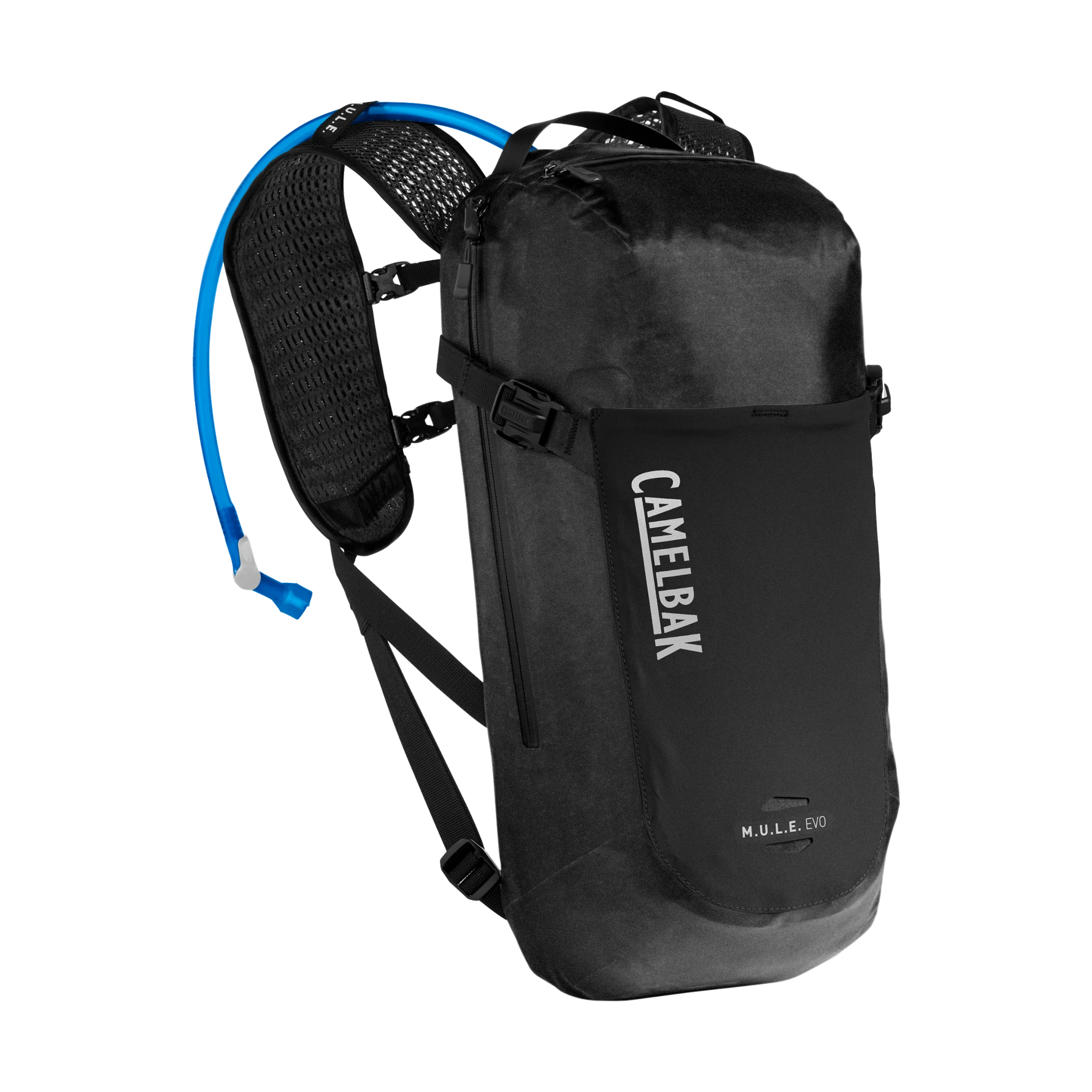 CamelBak M.U.L.E. EVO black hydration backpack with blue drinking tube and mesh shoulder straps