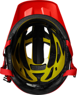 Fox Racing Mainframe Trvrs helmet in red showing interior padding and MIPS technology