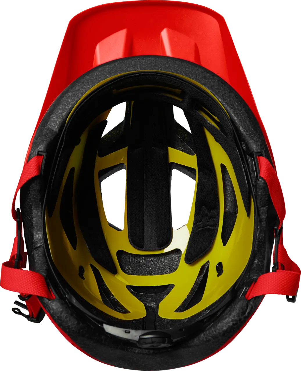 Fox Racing Mainframe Trvrs helmet in red showing interior padding and MIPS technology