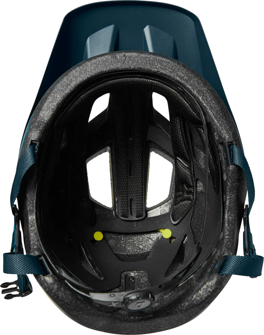 Fox Racing Youth Mainframe Helmet interior view showing padding and adjustment system in slate blue