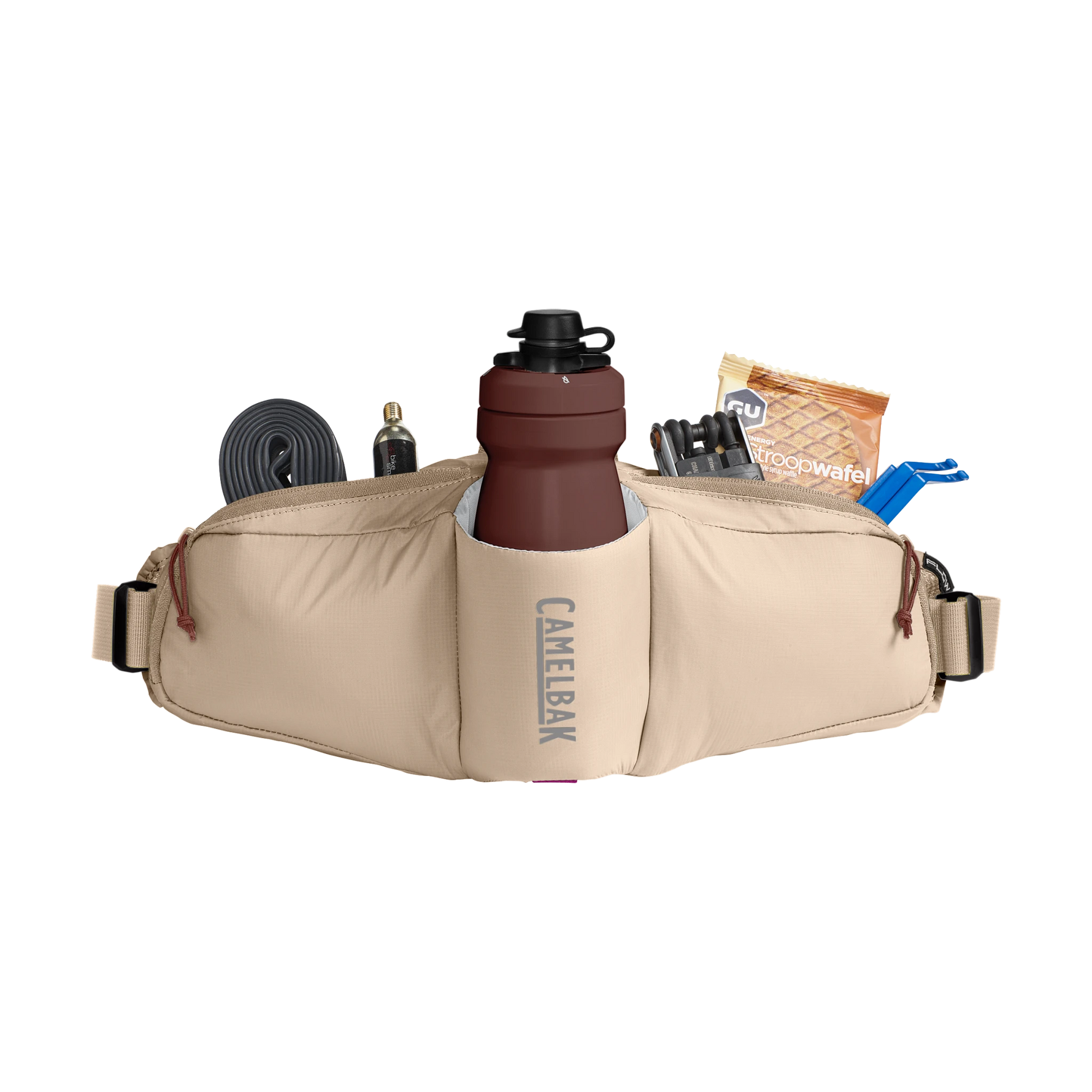 CamelBak Podium Flow belt with water bottle and cycling accessories on white background