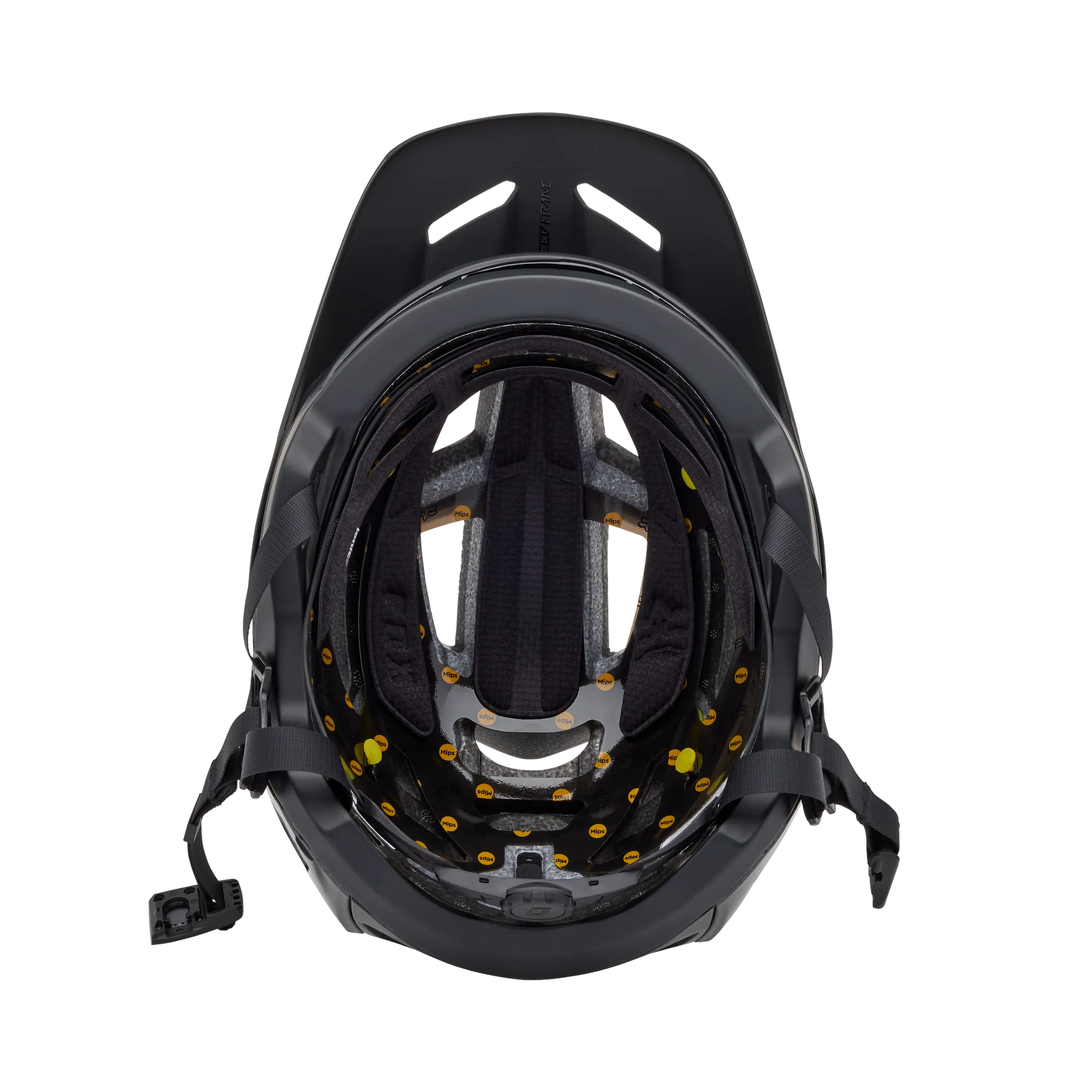 Fox Racing Speedframe Pro mountain bike helmet interior view showing black shell and padding