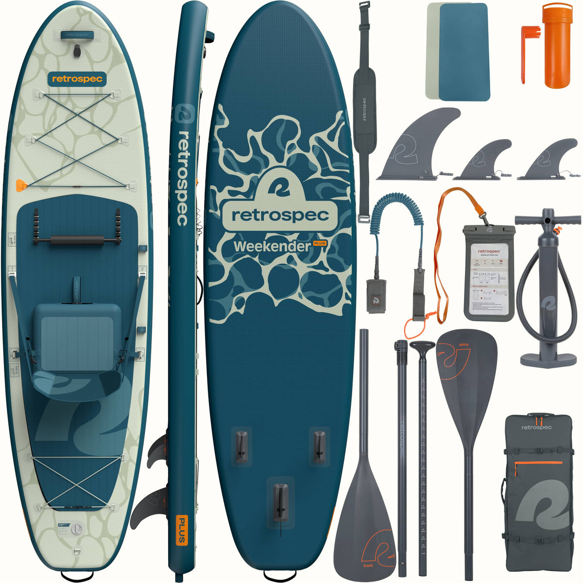 Retrospec Weekender Plus inflatable SUP kayak hybrid board set with all included accessories