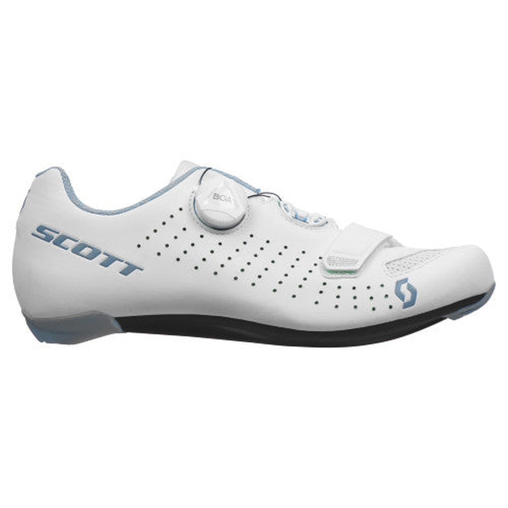 Scott Road Comp Boa cycling shoe in white with turquoise accents and BOA closure