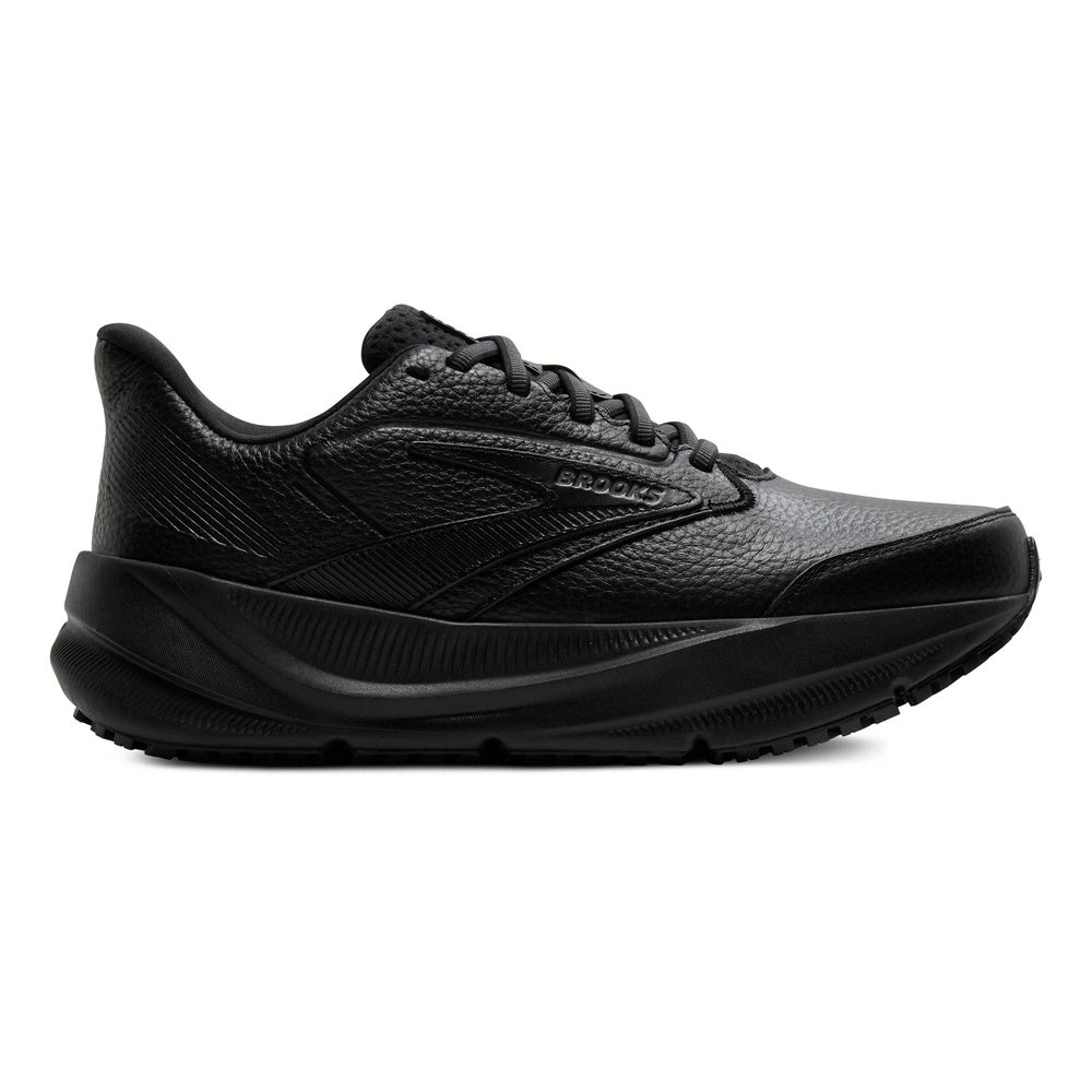 Brooks Ghost Max Slip Resistant walking shoe in all-black leather, lateral view