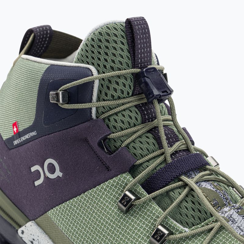 On Cloudtrax hiking shoe in midnight and olive green colorway with mesh upper