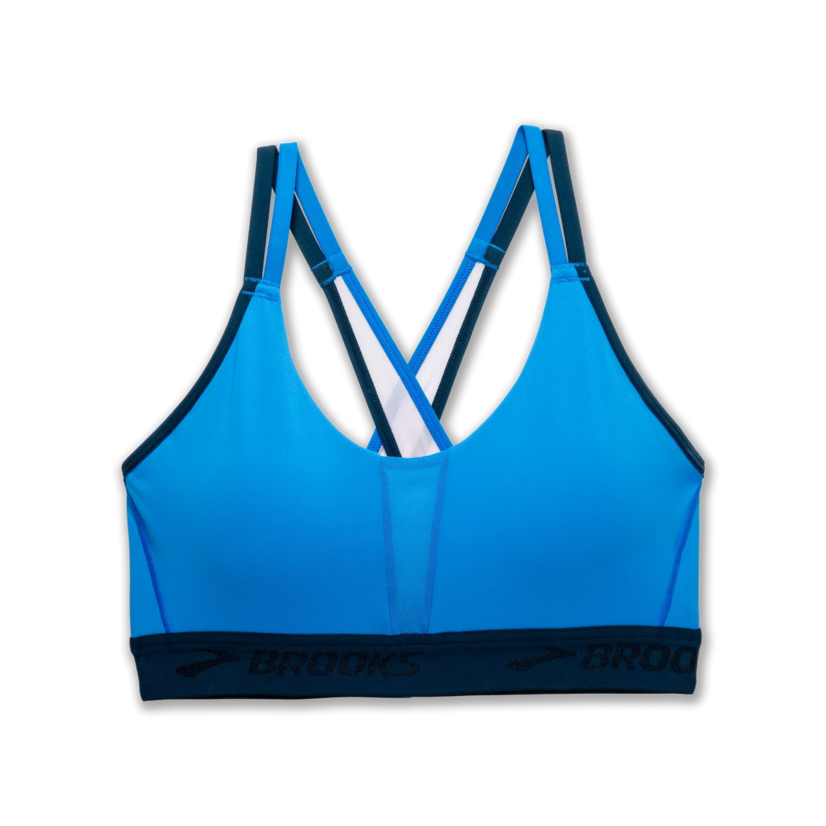 Brooks Drive Plunge 2.0 sports bra in azure blue with navy crossback straps and branded band