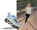 Woman running in HOKA Gaviota 5 shoes with close-up of teal sneaker
